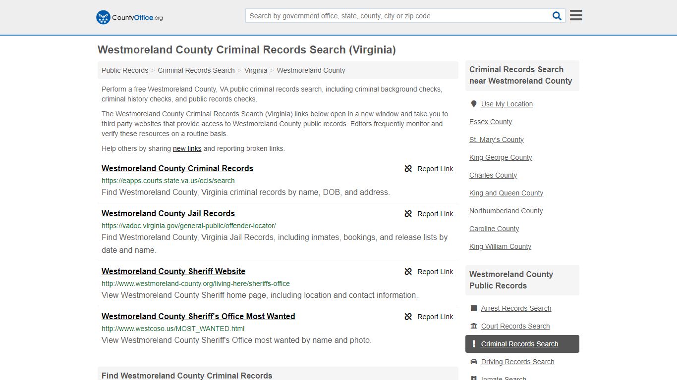 Criminal Records Search - Westmoreland County, VA (Arrests, Jails ...